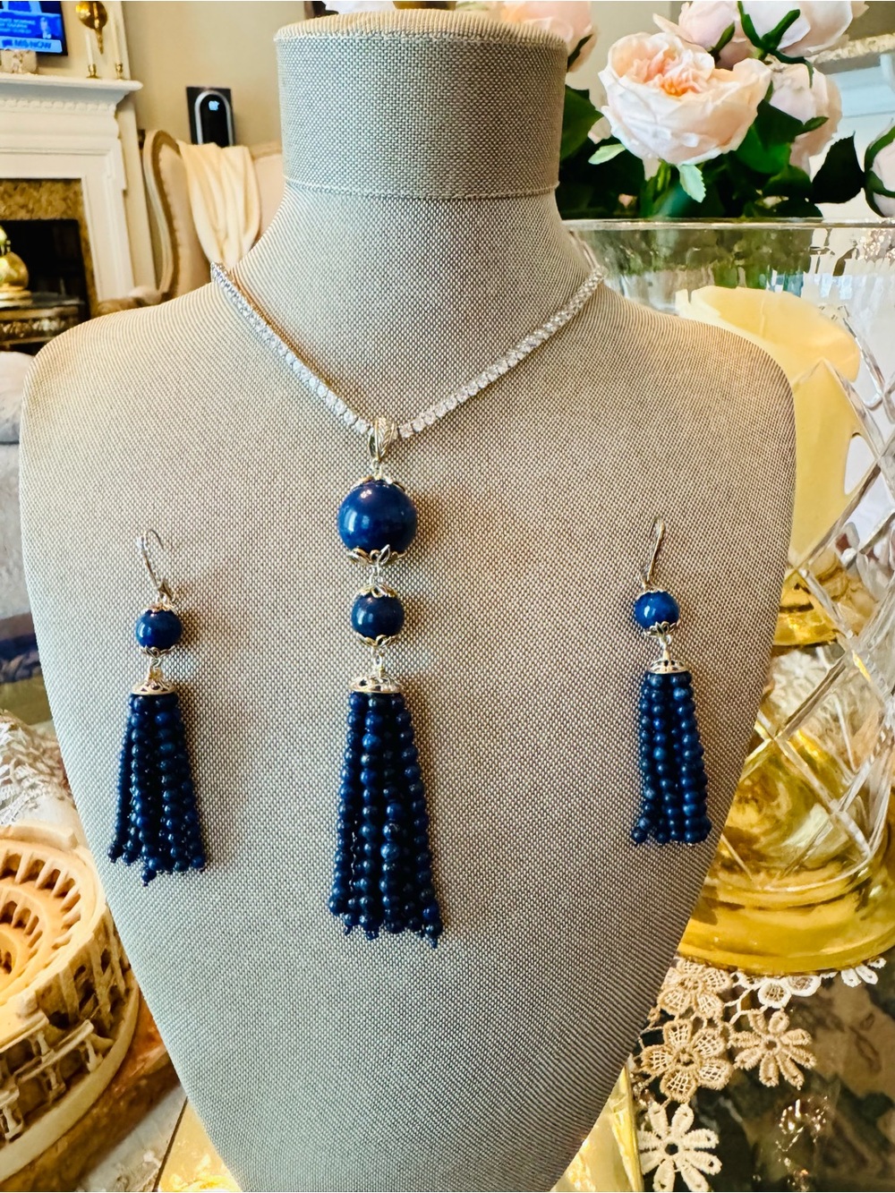 Gems En Vogue Michael Valitutti Elegant Lapis Bead Tassel Necklace & Earring Set